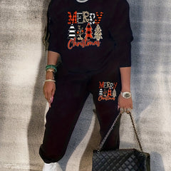 Christmas Tree Print Crew Neck Sweatshirt & Jogger Sweatpants Set