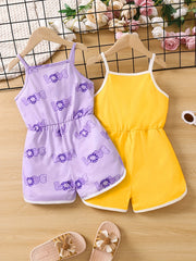 2pcs Toddler Girls Heart & Letter Graphic Cami Rompers For Summer