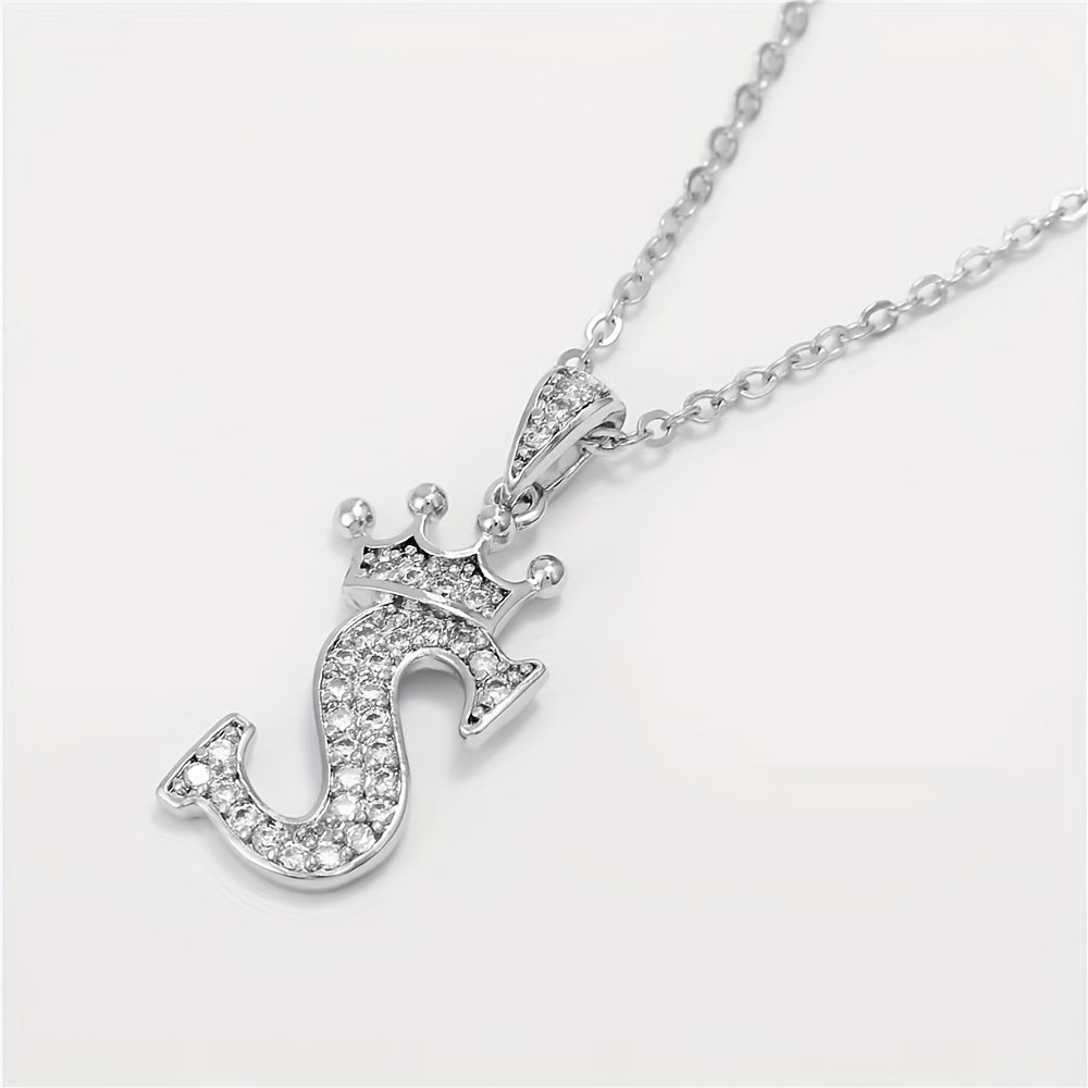 Zircon Crown Letter Necklace Pendant in Golden Plated Copper Chain