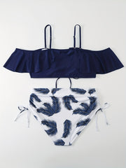 Colorblock Tropical Print Drawstring Bikini Set