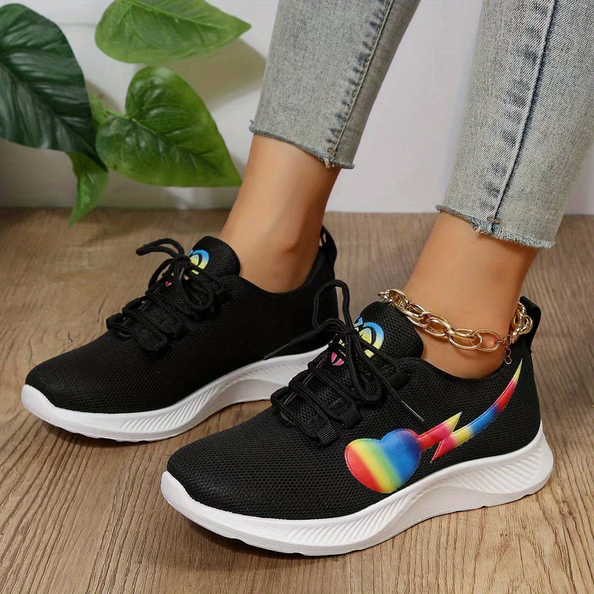 Women's Rainbow Heart & Lightning Running Shoes Breathable Lace Up Athletic Snea