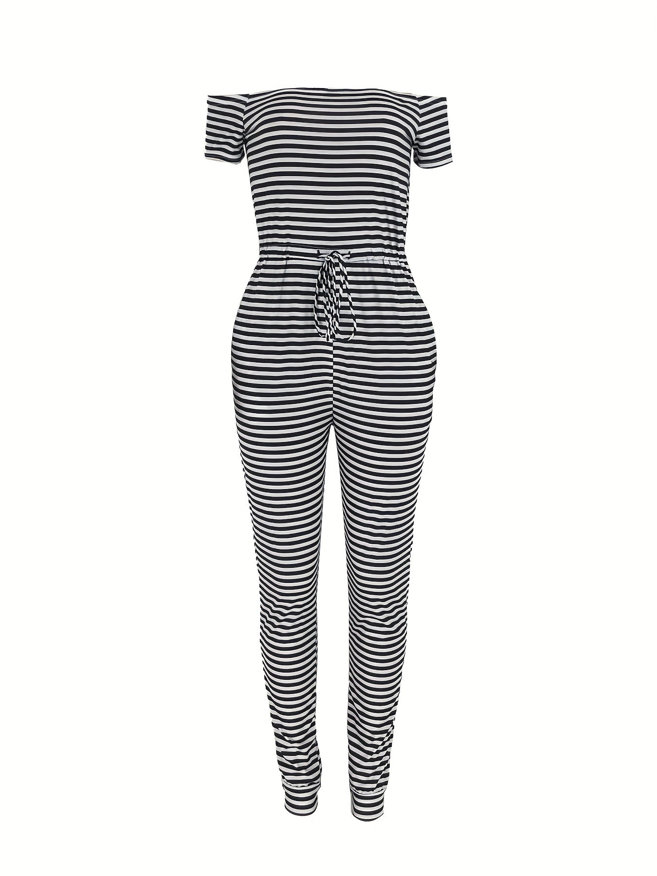 Off Shoulder Drawstring Jumpsuit Casual Short Sleeve Slim Jumpsuit