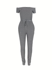 Off Shoulder Drawstring Jumpsuit Casual Short Sleeve Slim Jumpsuit