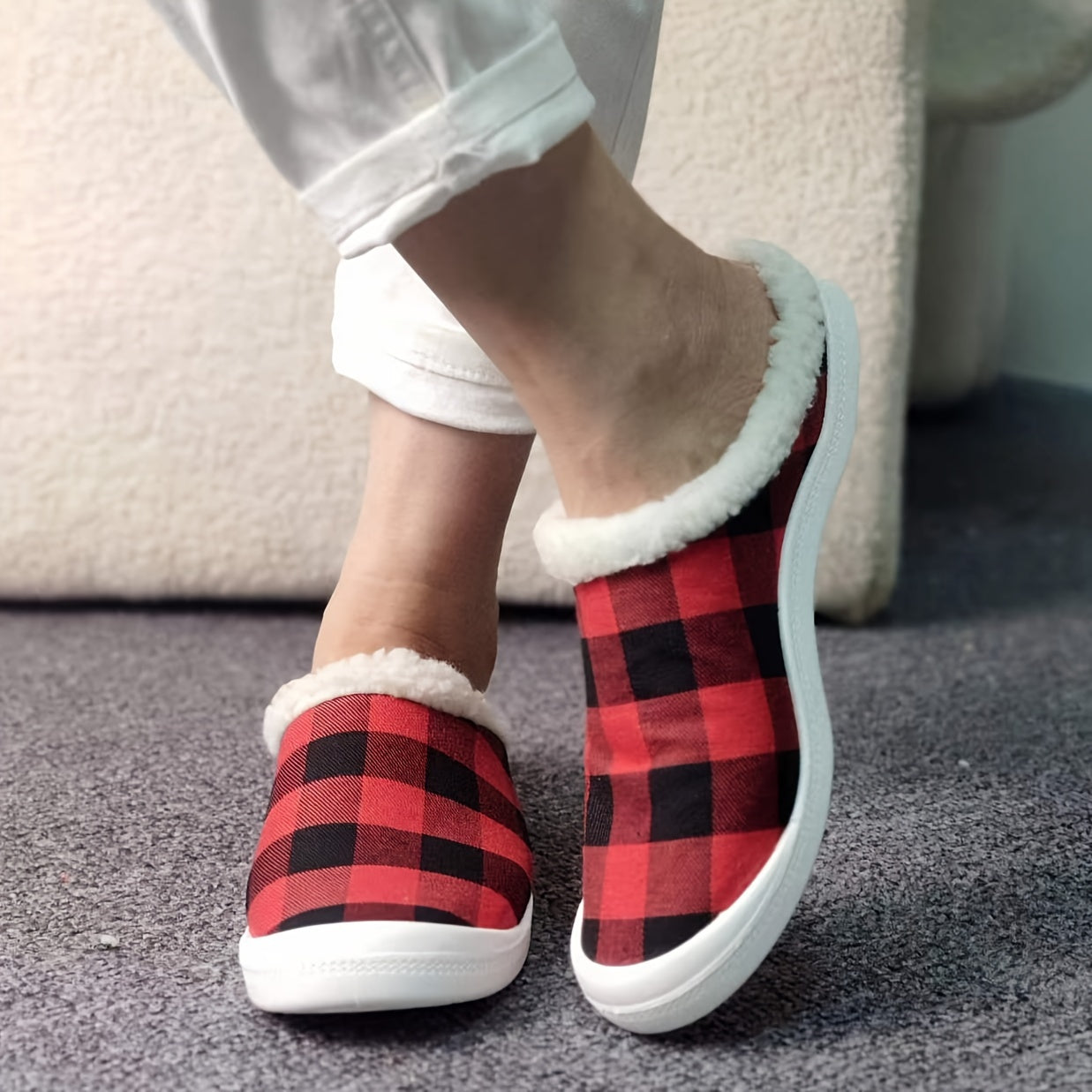 Women's Red Plaid Winter Slip-On Sneakers Lightweight Comfortable Flat Shoes