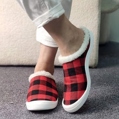 Women's Red Plaid Winter Slip-On Sneakers Lightweight Comfortable Flat Shoes