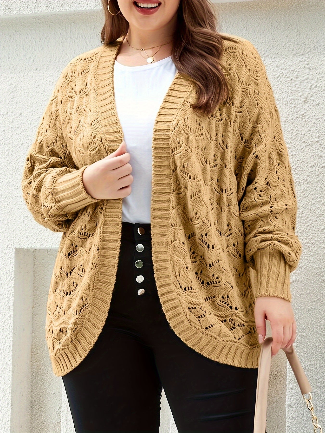 Casual Sweater Women's Plus Solid Jacquard Pointelle Long Sleeve