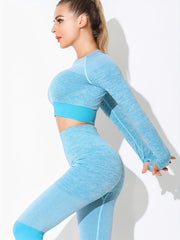 2 Pcs Contrast Yoga Set Long Sleeve Fitness Clothes High Waist Butt Lift