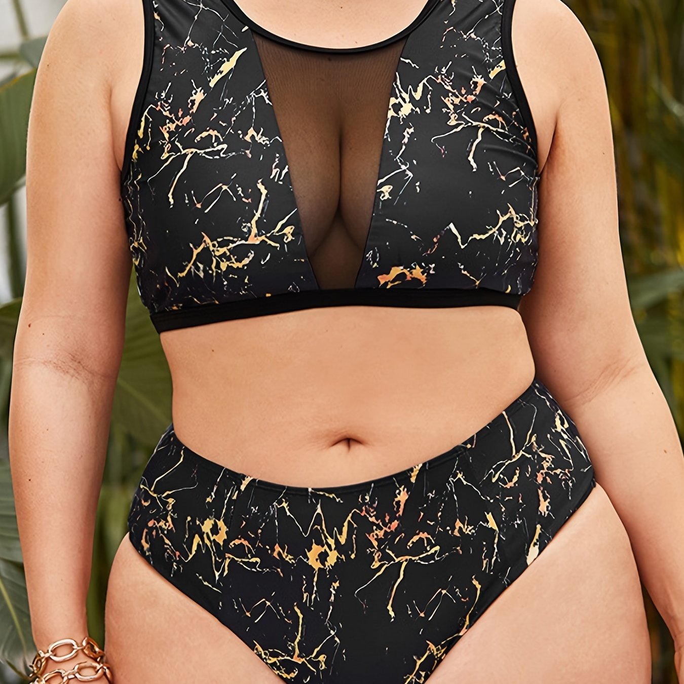 Marble Print Bikini Set Women's Plus Semi Sheer Swimsuit Beachwear