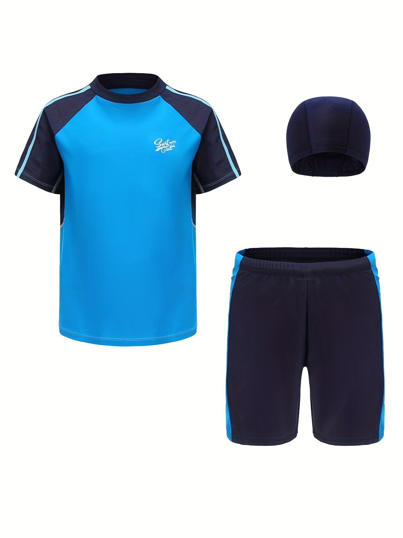 Boys Swimsuit Raglan Sleeve Top & Shorts Set with Cap
