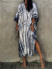 Stripes Print V Neck Beach Cover Up Dress Loose Fit Half Sleeves