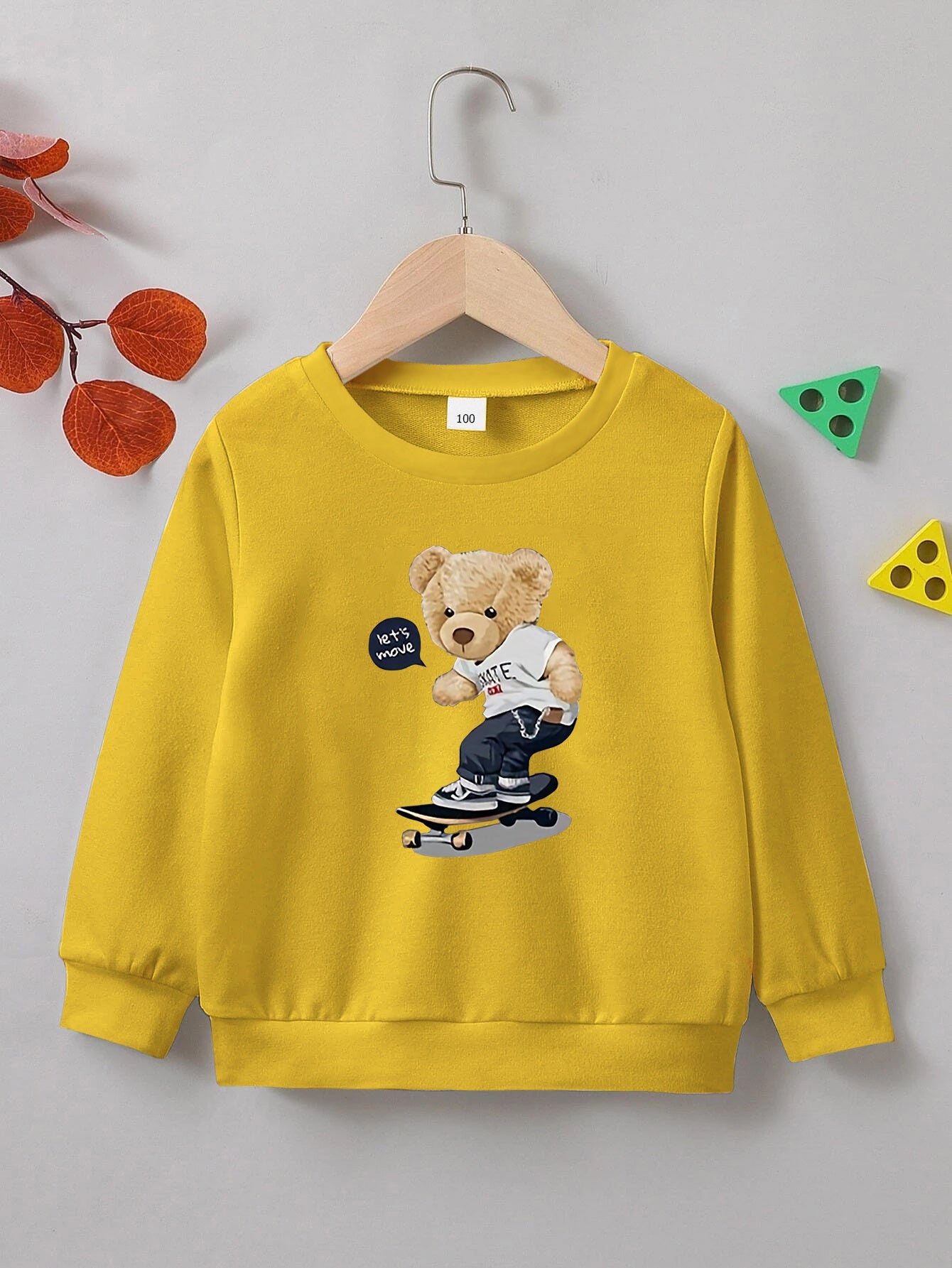 Street Style Bear Skating Print Boys Casual Pullover Sweatshirt