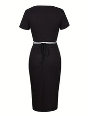 Casual 2pc Set Crop Tee & Button High Waist Skirt Outfit Women's Clothing