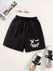 Girls Winking Smile Print Sweat Shorts Elastic Waist Casual Sports Clothes