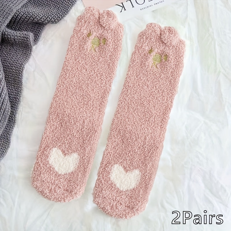 5 Pairs Heart Print Socks, Fuzzy Warm Women's Stockings
