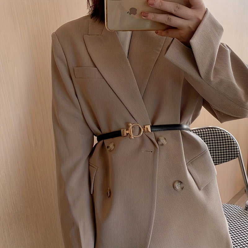 Adjustable Thin Belts Round Metal Buckle PU Belt Solid Dress Coat Belt