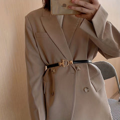 Adjustable Thin Belts Round Metal Buckle PU Belt Solid Dress Coat Belt