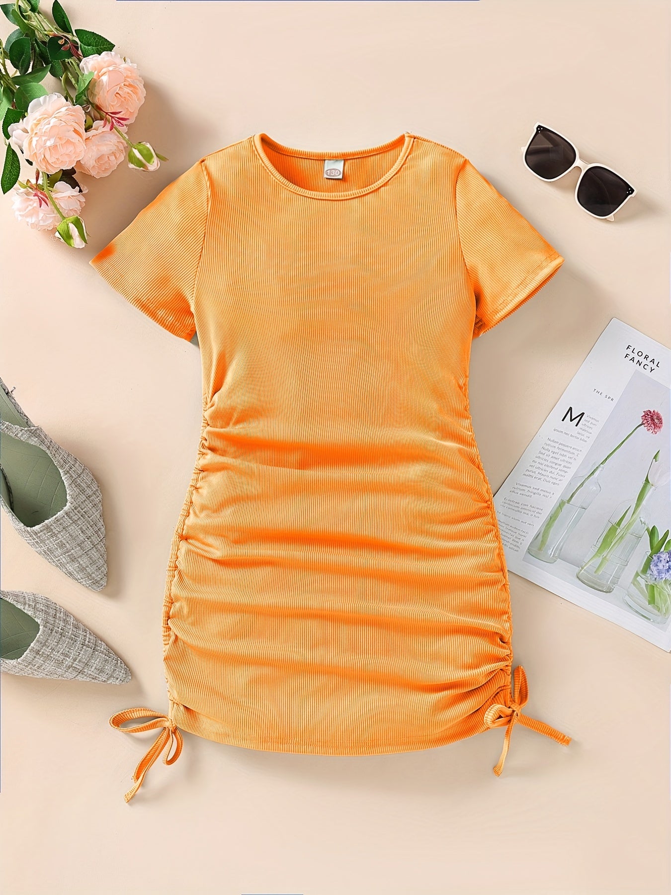 Girls' Drawstring Side Ruched Casual Dress Slim Fit Short Sleeve