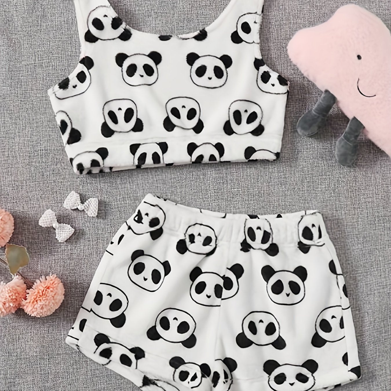 Flannel Panda Print Crop Tank Top & Shorts Pajama Set