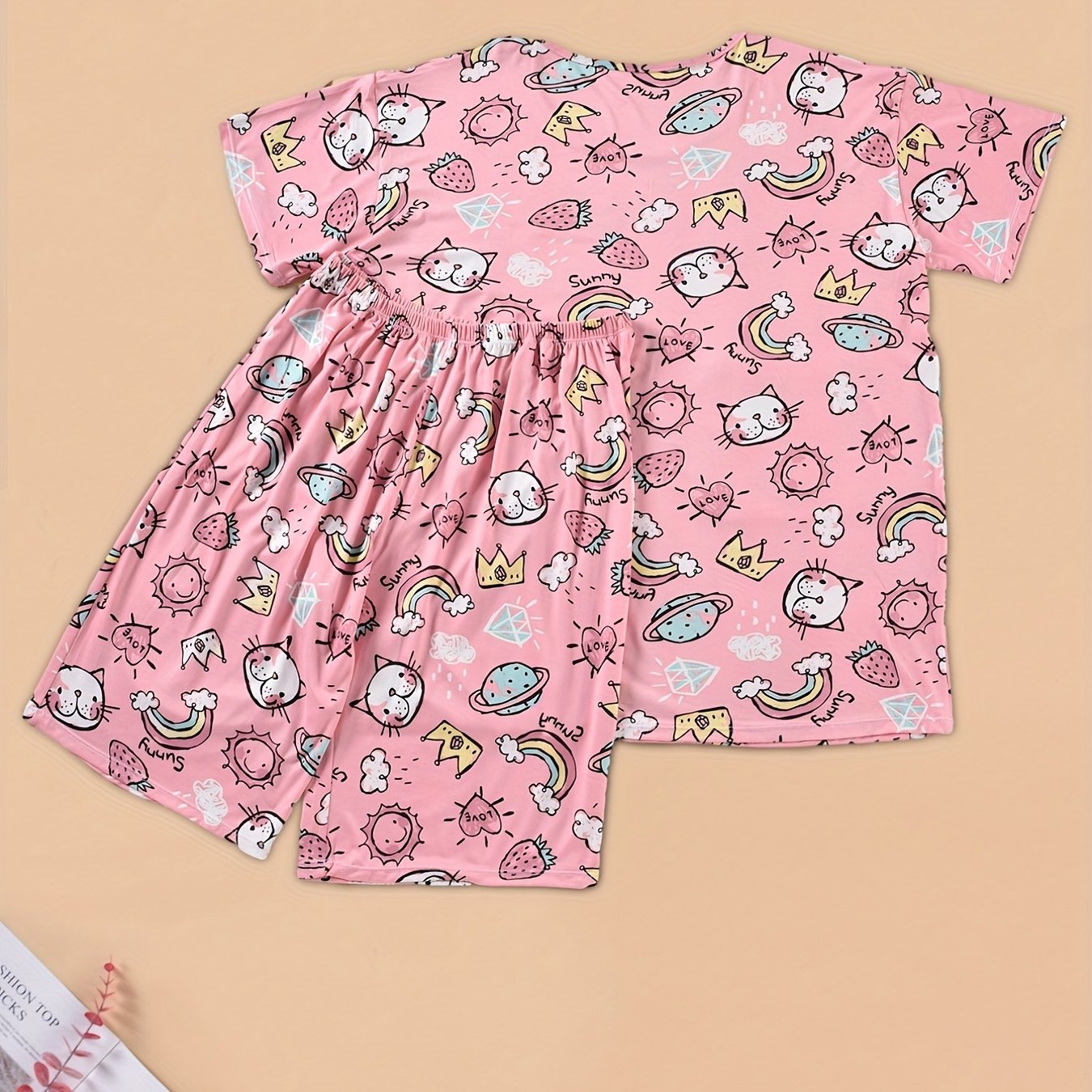 Cat & Strawberry & Rainbow Print Pajama Set