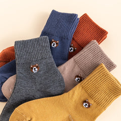 5 Pairs Solid Bear Cotton Socks for Autumn Winter