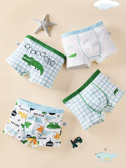 4pcs Boys Crocodile Plaid Boxer Briefs Soft Comfortable Kids Clothes
