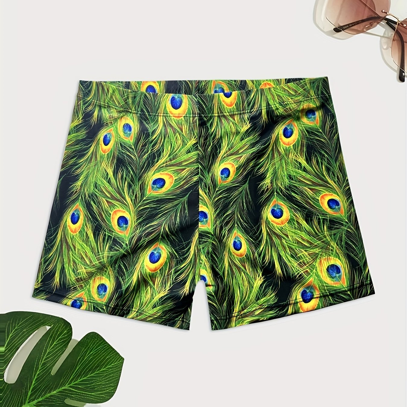 Men's Peacock Tail Feather Swim Trunks High Stretch for Beach & Pool