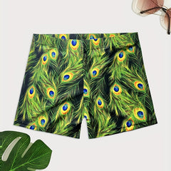 Men's Peacock Tail Feather Swim Trunks High Stretch for Beach & Pool