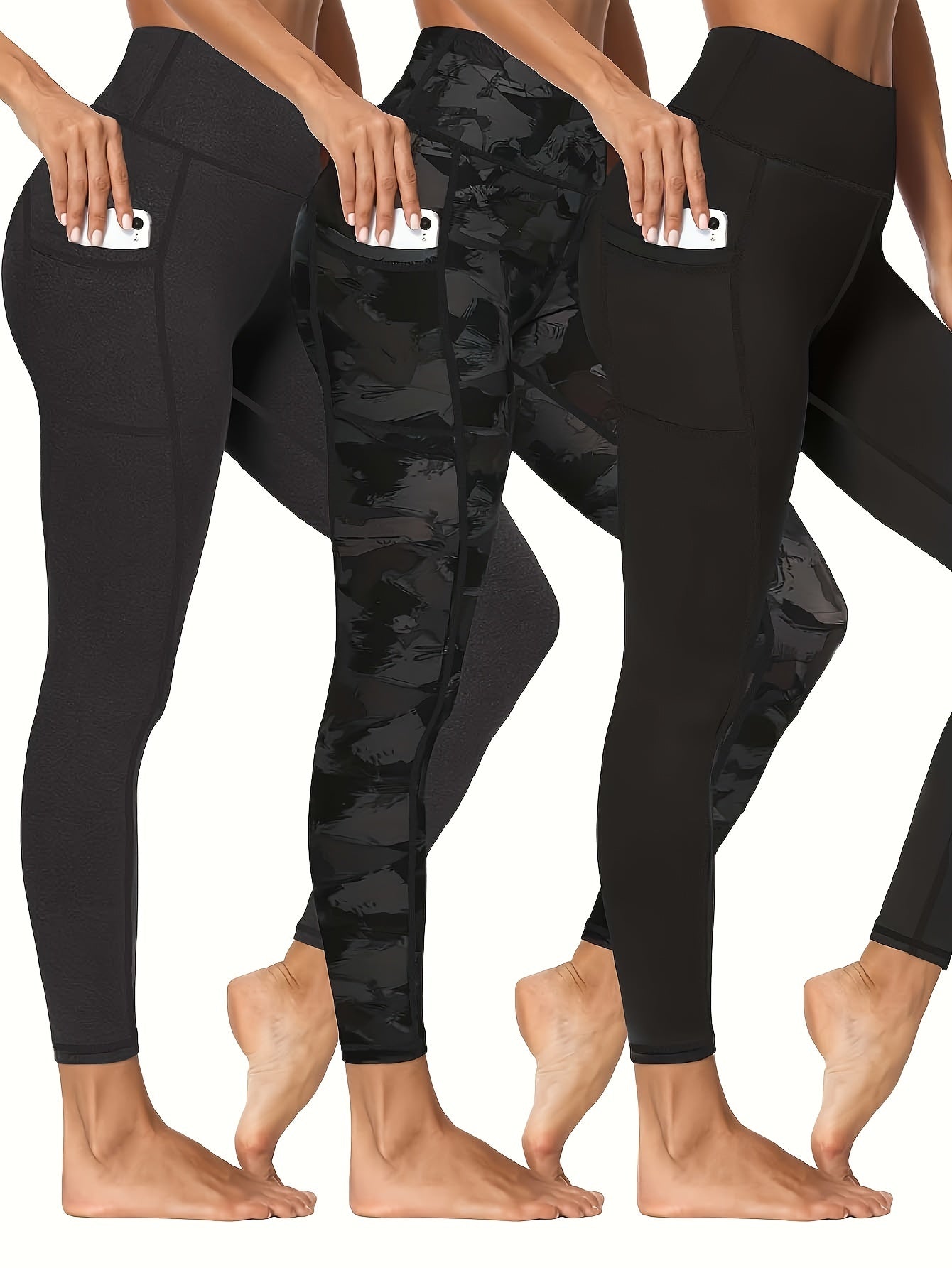 3 Pack Plus Size Sports Leggings Women's Plus Solid Pipping High Stretch Yoga