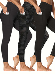 3 Pack Plus Size Sports Leggings Women's Plus Solid Pipping High Stretch Yoga