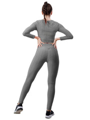 2pc Honeycomb Long Sleeve Yoga Set & High Waist Gym Leggings