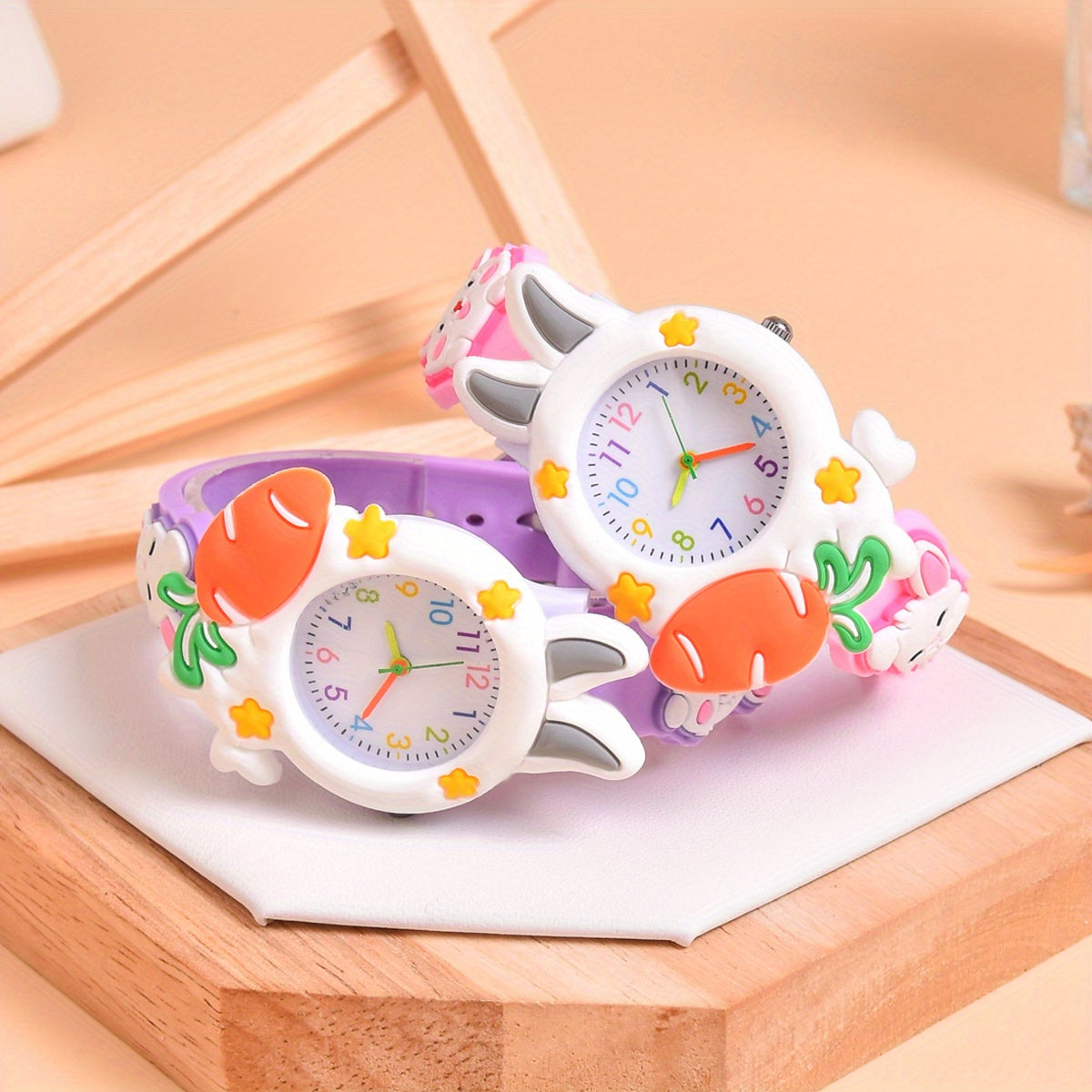 2pcs Set Football Bunny Cat Silicone Strap Watch for Kids
