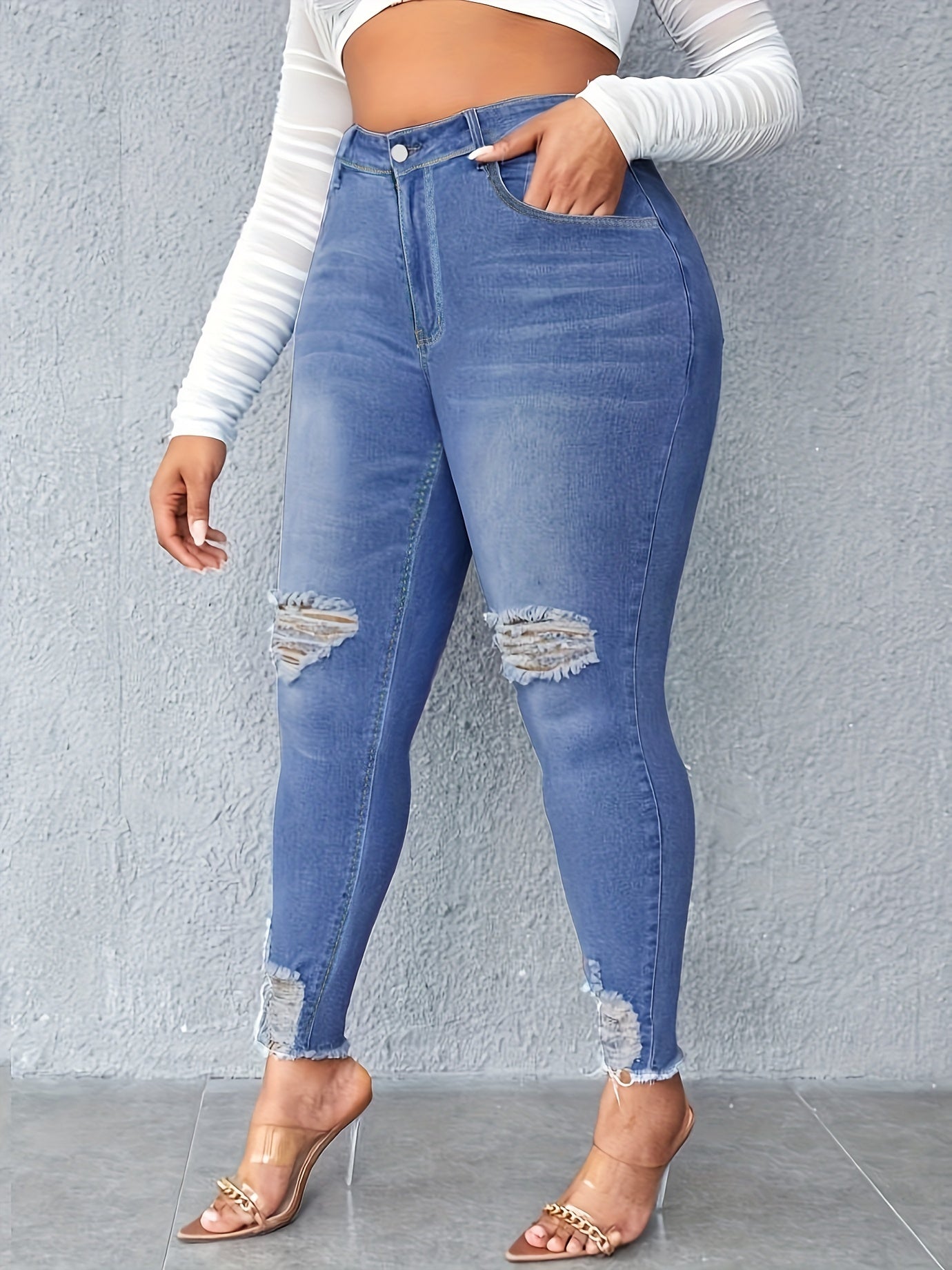 Washed Ripped Fringe Trim Skinny Jeans