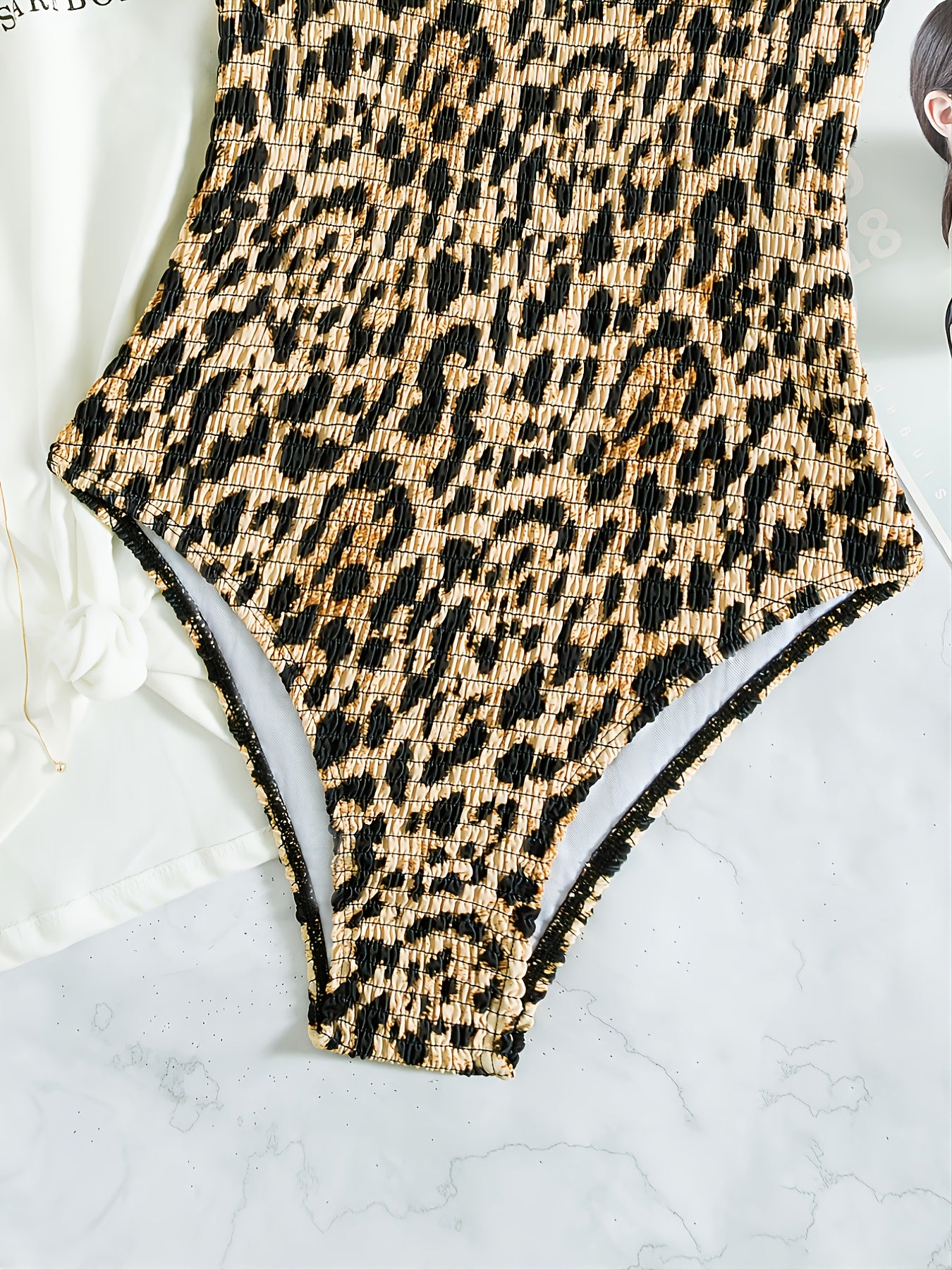 Leopard Smocked One Piece Swimsuit Women's Swimwear