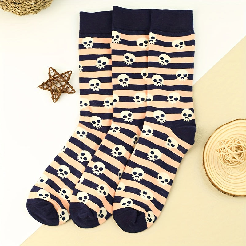 3 Pairs Skull Print Socks Halloween Mid Tube Stockings & Hosiery