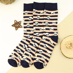 3 Pairs Skull Print Socks Halloween Mid Tube Stockings & Hosiery