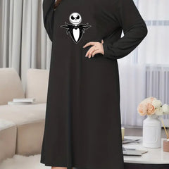Gothic Nightdress Women's Plus Skull Print Long Sleeve Round Neck Tee