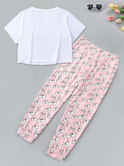 Casual Pajamas Set Women's Plus Tee & Cartoon Eye Print Pants 2pcs