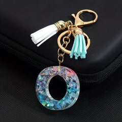 Resin Initial Letter Keychain w/ Tassel Small Bag Accessories Keyring Pendant