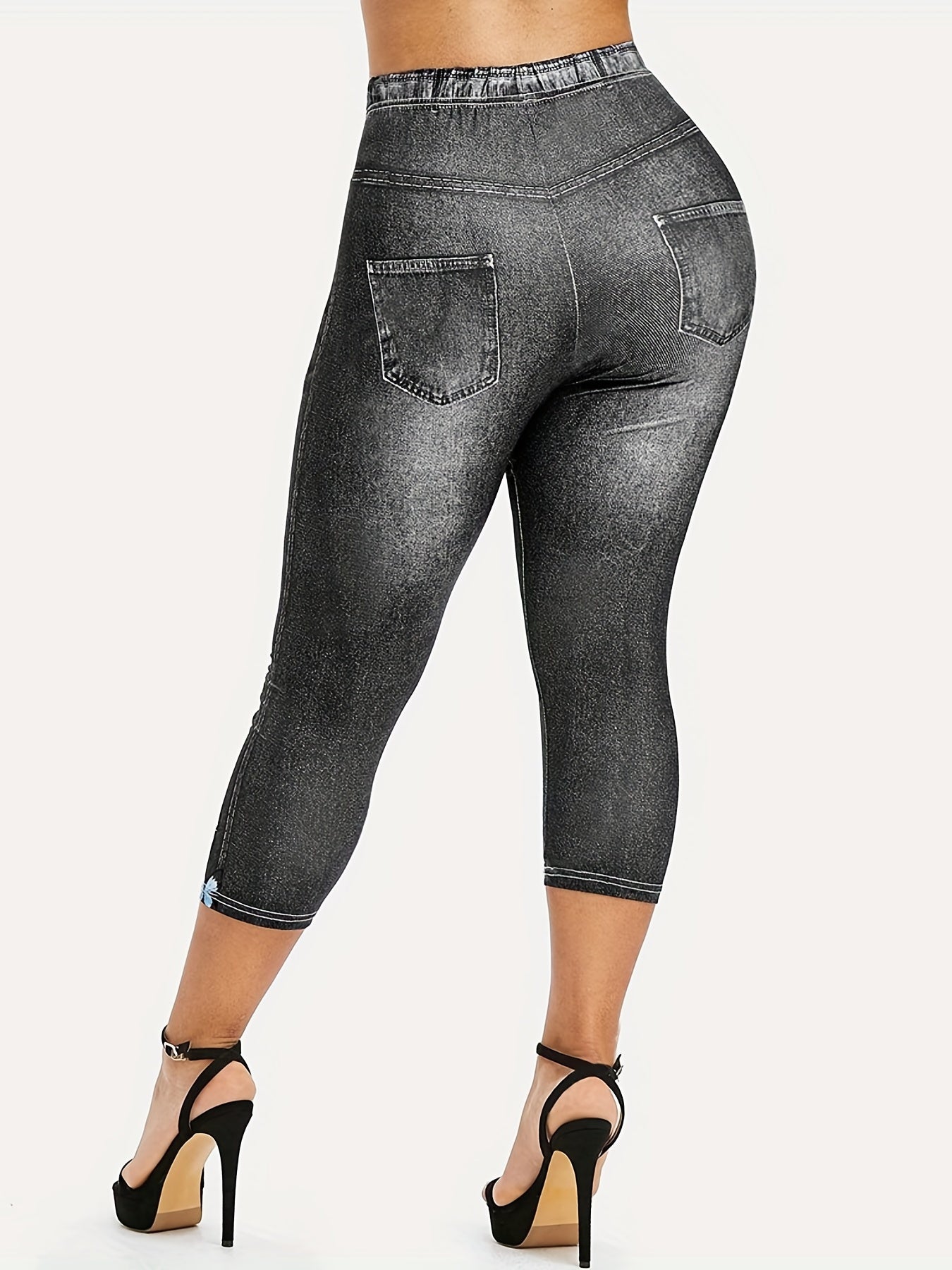 Denim & Butterfly Print Capris Leggings for Women