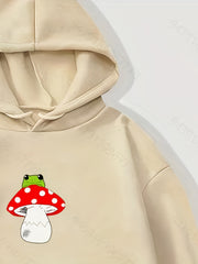 Mushroom Print Drawstring Loose Hoodie Casual Hooded Sweatshirt