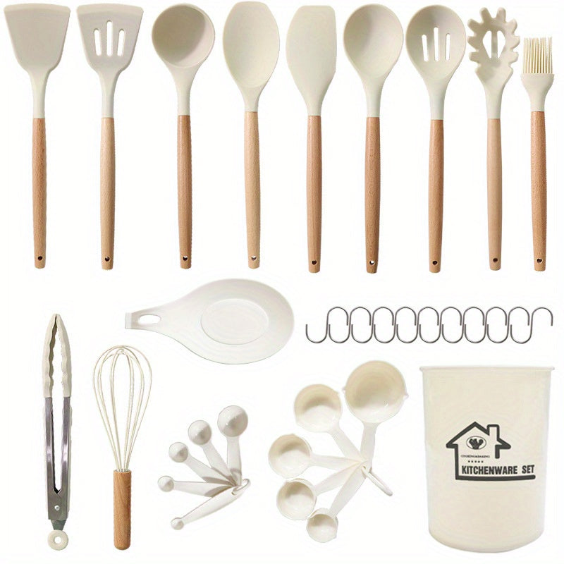 33pcs Wooden Handle Silicone Kitchenware Spoon Shovel Kitchen Gadgets Set