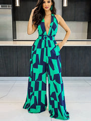 Backless Wide Leg Jumpsuit Plunging V Neck Halter Jumpsuit