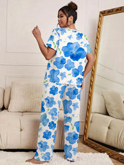 Floral Print Plus Size Pajama Set - Short Sleeve Round Neck T shirt & Pants