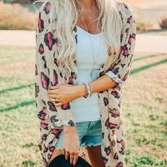 Leopard Print Long Length Open Front Cardigan Fall Winter Coat