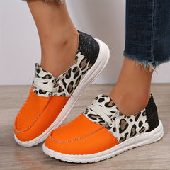 Leopard Printed Canvas Lace Up Flat Shoes Casual Walking Sneakers