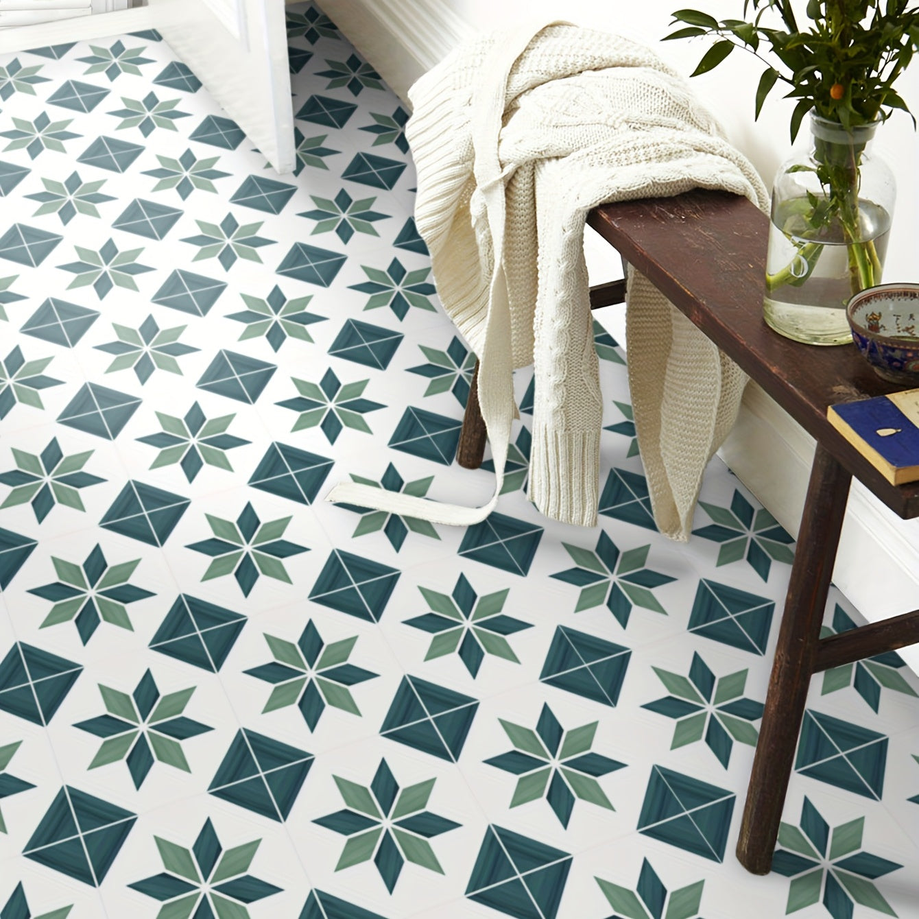 Green Mosaic Peel and Stick Floor Tiles - Waterproof PVC Flooring Sticker