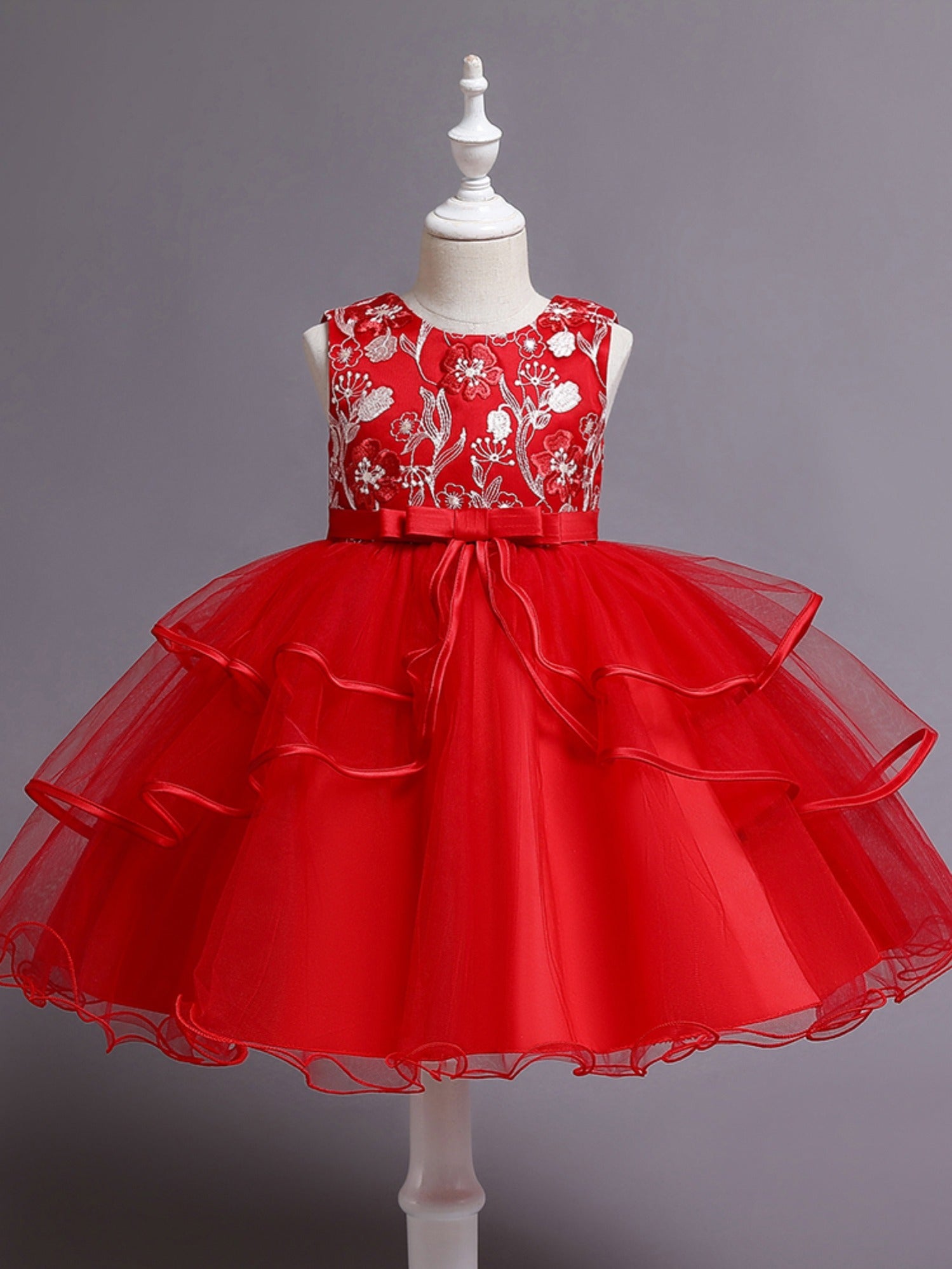 Girls Sleeveless Flower Embroidery Mesh Princess Dress