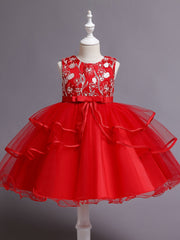 Girls Sleeveless Flower Embroidery Mesh Princess Dress