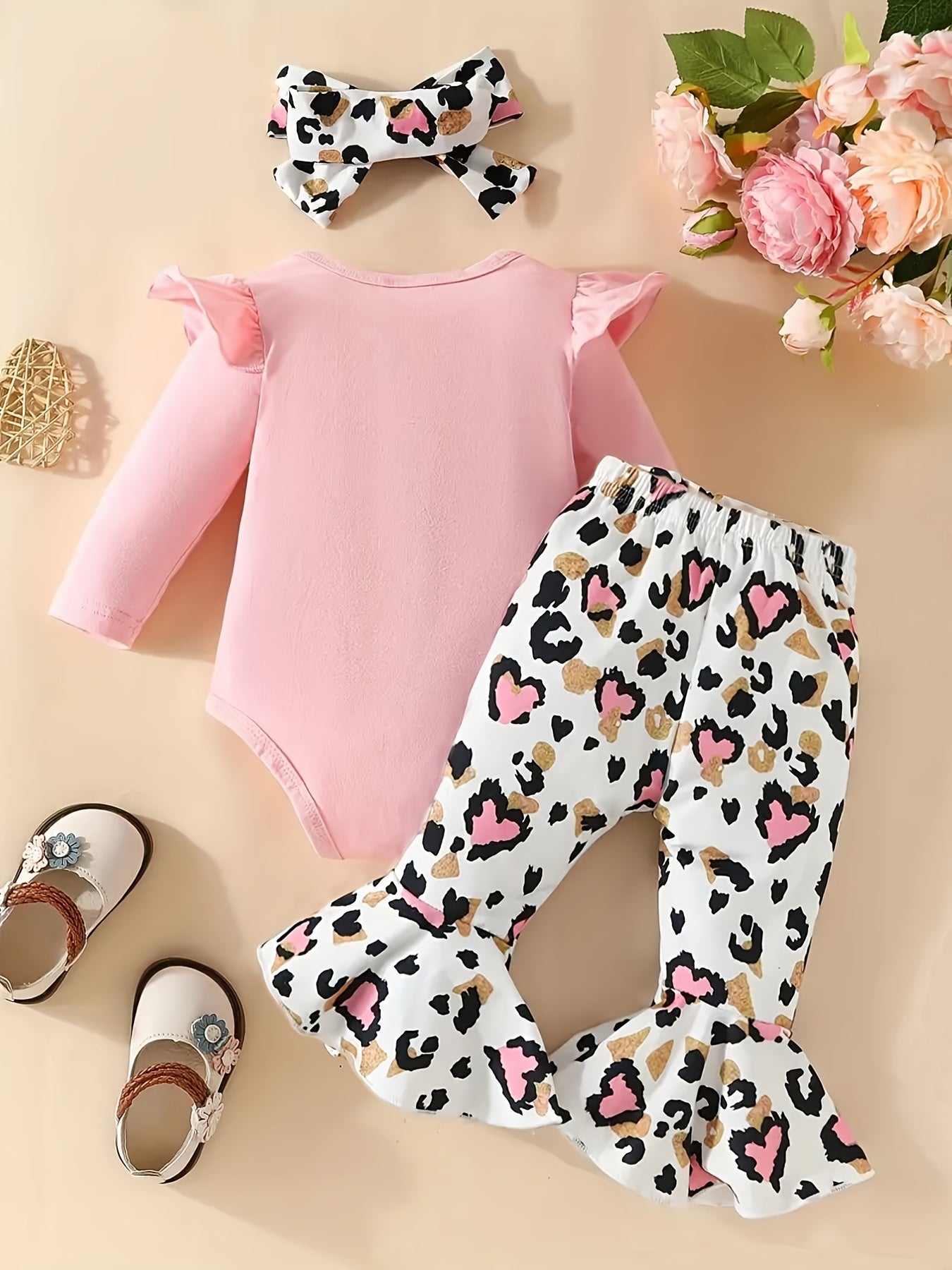 3pcs Baby Girls Letter Print Onesie Romper & Leopard Print Pants Set