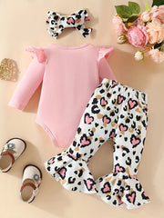 3pcs Baby Girls Letter Print Onesie Romper & Leopard Print Pants Set